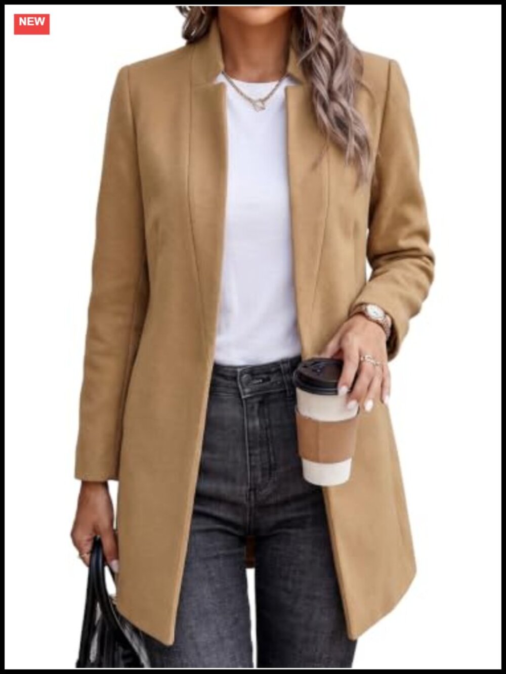 Wool Blend Pea Coat Long Sleeve Open Front Midi Overcoat